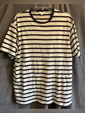 Sunspel Men's Classic T-shirt in Ecru/Navy Breton Stripe, Crew Neck; Size XXL